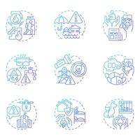 Emergency responses blue gradient concept icons. Dealing with threats and crisis. Public safety development. Icon pack. Round shape illustrations for brochure. Abstract idea vector