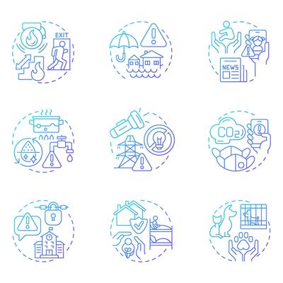 Emergency responses blue gradient concept icons. Dealing with threats and crisis. Public safety development. Icon pack. Round shape illustrations for brochure. Abstract idea