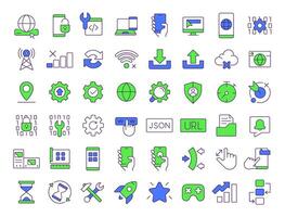 Progressive web app RGB color icons set. PWA development platform. Digital technology application. Isolated illustrations. Simple filled line drawings collection. Editable stroke vector