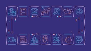 Emergency response dark purple word concept. Action during dangerous accident. Rescue service. Horizontal image. Headline text surrounded by editable outline icons vector