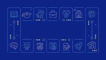 Career planning blue word concept. Specialist knowledge, certification. Goal, milestone. Horizontal image. Headline text surrounded by editable outline icons vector