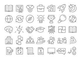 Career planning linear icons set. Education, learning. Teamwork organization, leadership. Human resources. Customizable thin line symbols. Isolated outline illustrations. Editable stroke vector