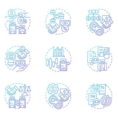 Intercompany transactions blue gradient concept icons. Interaction between commercial entities. Financial activity. Icon pack. Round shape illustrations for presentation. Abstract idea
