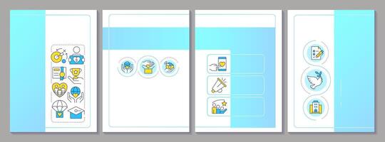 Volunteer management blue brochure template. Supporter base development. Social care activity. Leaflet design with linear icons. Editable 4 layouts vector