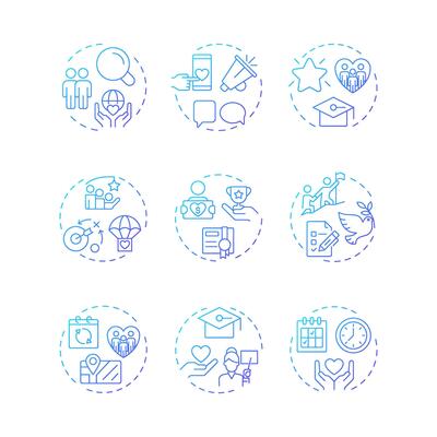 Volunteer management blue gradient concept icons. Supporters engagement in social activities. Non profit organizations. Icon pack. Round shape illustrations for booklet. Abstract idea