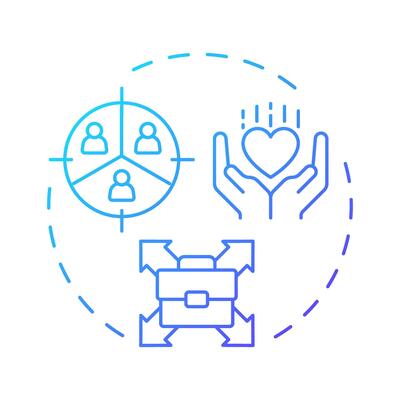 Volunteer segmentation blue gradient concept icon. Categorizing supports by skills. Contribution management. Round shape line illustration. Abstract idea. Graphic design. Easy to use in brochure