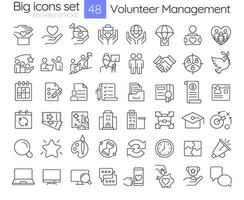 Volunteer management linear icons set. Enthusiasts collaboration for community goals. Non profit organization. Customizable thin line symbols. Isolated outline illustrations. Editable stroke vector