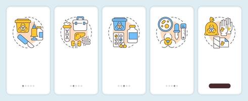 Biomedical waste onboarding mobile app screen. Toxic, chemicals. Walkthrough 5 steps editable graphic instructions with linear concepts. UI, UX, GUI vector