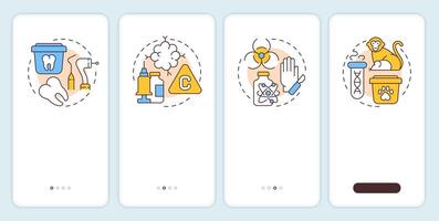 Different medical waste onboarding mobile app screen. Toxic garbage. Walkthrough 4 steps editable graphic instructions with linear concepts. UI, UX, GUI vector
