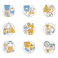 Biomedical waste management multi color concept icons. Infection trash control. Regulation, compliance. Icon pack. Round shape illustrations for presentation, article. Abstract idea vector