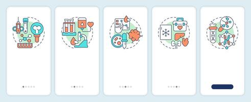 Types of biobanks onboarding mobile app screen. Biorepository. Walkthrough 5 steps editable graphic instructions with linear concepts. UI, UX, GUI vector