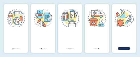 Specimen lifecycle onboarding mobile app screen. Biobanks research. Walkthrough 5 steps editable graphic instructions with linear concepts. UI, UX, GUI vector