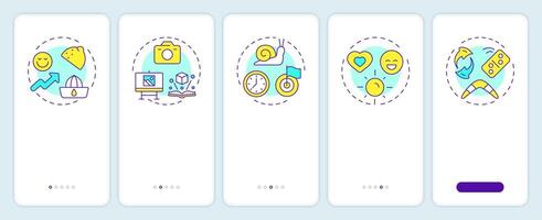 Positive mentality onboarding mobile app screen. Social relationships. Walkthrough 5 steps editable graphic instructions with linear concepts. UI, UX, GUI vector