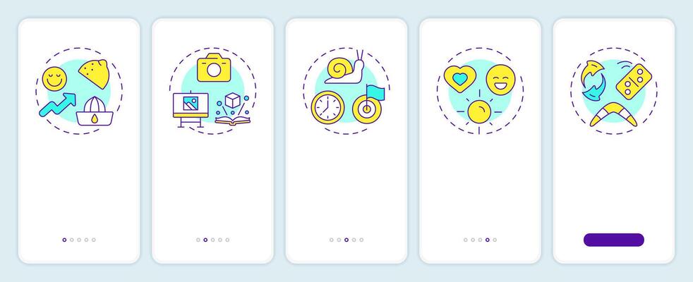 Positive mentality onboarding mobile app screen. Social relationships. Walkthrough 5 steps editable graphic instructions with linear concepts. UI, UX, GUI