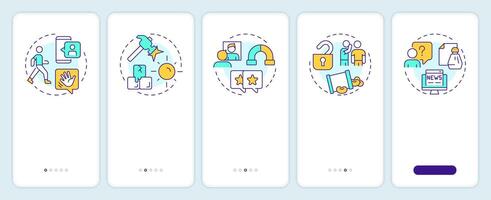 Social networking onboarding mobile app screen. Relationships, friendship. Walkthrough 5 steps editable graphic instructions with linear concepts. UI, UX, GUI vector