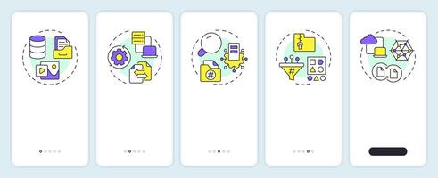 Features of PIM onboarding mobile app screen. Product info management. Walkthrough 5 steps editable graphic instructions with linear concepts. UI, UX, GUI vector