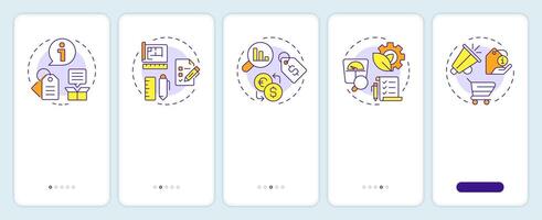Product data sheet onboarding mobile app screen. PIM system. Walkthrough 5 steps editable graphic instructions with linear concepts. UI, UX, GUI vector