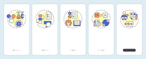 Key product information onboarding mobile app screen. PIM system. Walkthrough 5 steps editable graphic instructions with linear concepts. UI, UX, GUI vector