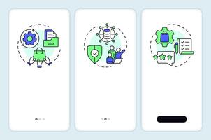 PIM vs MDM vs PEM onboarding mobile app screen. Product data. Walkthrough 3 steps editable graphic instructions with linear concepts. UI, UX, GUI vector