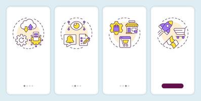 Benefits of using PIM system onboarding mobile app screen. E commerce. Walkthrough 4 steps editable graphic instructions with linear concepts. UI, UX, GUI vector