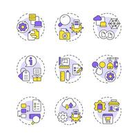 Product information management multi color concept icons. Commercial data analyzing. Goods distribution strategy. Icon pack. Round shape illustrations for booklet. Abstract idea vector