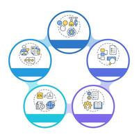 Key product information infographic circles flowchart. Processing goods data. E commerce strategy. Visualization diagram with 5 steps. Circular info graphic editable vector