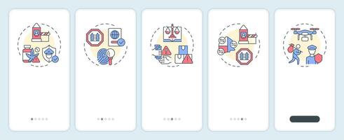 Goals of IBM onboarding mobile app screen. Integrated border management. Walkthrough 5 steps editable graphic instructions with linear concepts. UI, UX, GUI vector