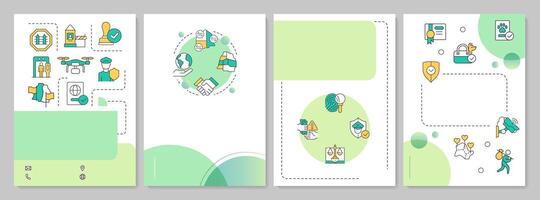 Integrated border management green circle brochure layout. Cooperation for security. Leaflet advertising design with color line icons. Editable 4 pages vector