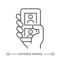 Hand holding smartphone with communication app line icon. Social media scrolling. Online chat for cellphone users. Isolated illustration. Outline symbol. Simple linear drawing. Editable stroke vector