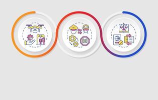 Areas of integration rectangular infographics. International collaboration for security. Visualization template 3 options. Horizontal flowchart with line icons vector