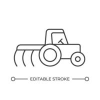 Tractor with plow line icon. Agricultural machinery working in field. Farm plantation processing with equipment. Isolated illustration. Outline symbol. Simple linear drawing. Editable stroke vector