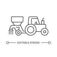 Tractor with seeds drill line icon. Agricultural combine sowing plants in field. Device dragged by tractor. Isolated illustration. Outline symbol. Simple linear drawing. Editable stroke vector