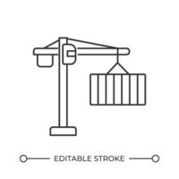 Tower crane line icon. Cargo lifting and transporting machinery. Container hanging on heist of at terminal. Isolated illustration. Outline symbol. Simple linear drawing. Editable stroke vector