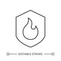 Fire safety line icon. Shield with burning flame symbol. Firefighting service emblem. Disaster danger warning. Isolated illustration. Outline symbol. Simple linear drawing. Editable stroke vector