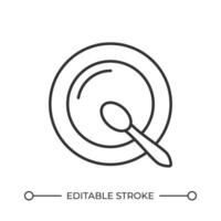 Plate with spoon top view line icon. Dinner tableware to serve food. Empty dish with cutlery after lunch. Isolated illustration. Outline symbol. Simple linear drawing. Editable stroke vector