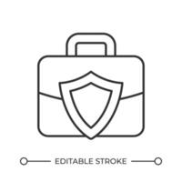 Briefcase with shield line icon. Business papers confidence protection. Corporate information safety service. Isolated illustration. Outline symbol. Simple linear drawing. Editable stroke vector