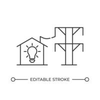 Power transmission lines line icon. Electrical cable connected to house. Electricity transferring system. Isolated illustration. Outline symbol. Simple linear drawing. Editable stroke vector