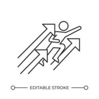 Personal growth line icon. Person rising with upward arrows. Determinations to reach goals. Success training. Isolated illustration. Outline symbol. Simple linear drawing. Editable stroke vector