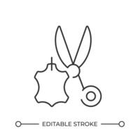 Leather piece and scissors line icon. Tailor workshop making dresses of cowhide materials. Sewing atelier. Isolated illustration. Outline symbol. Simple linear drawing. Editable stroke vector