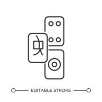 Mahjong tiles line icon. Traditional Chinese board game. Playing skill, strategy and luck. Leisure activity. Isolated illustration. Outline symbol. Simple linear drawing. Editable stroke vector