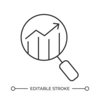 Data analyzing line icon. Looking at growing chart through magnifying glass. Stock market trends research. Isolated illustration. Outline symbol. Simple linear drawing. Editable stroke vector