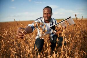 Notepad ,with documents ,in hands, checking wheat. Beautiful African American man is in the agricultural field photo