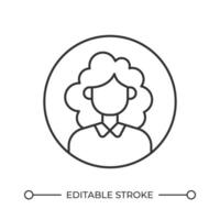 Female user avatar line icon. Faceless curly haired woman in round frame. Social media profile. Personal account. Isolated illustration. Outline symbol. Simple linear drawing. Editable stroke vector