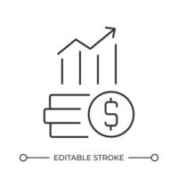 Profit growth line icon. Coins stack with rising arrow. Financial success achievement. Business development. Isolated illustration. Outline symbol. Simple linear drawing. Editable stroke vector
