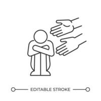 Supporting person in trouble line icon. Helping hands for victim. Emotional care during depression episode. Isolated illustration. Outline symbol. Simple linear drawing. Editable stroke vector