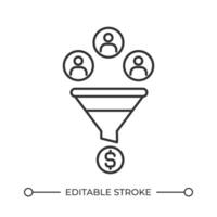 Sales funnel line icon. Engaging customers to buy products. Business model for purchases increasing. Isolated illustration. Outline symbol. Simple linear drawing. Editable stroke vector