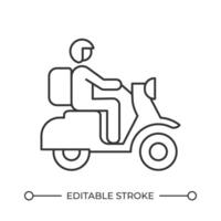 Delivery person on motorbike line icon. Employee transporting ordered products. Courier riding motor scooter. Isolated illustration. Outline symbol. Simple linear drawing. Editable stroke vector