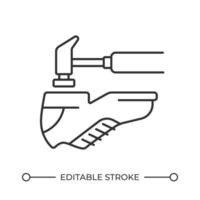 Shoes repair line icon. Hammer tapping sole of boot. Small business customer service. Footgear maintenance. Isolated illustration. Outline symbol. Simple linear drawing. Editable stroke vector