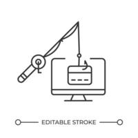Stealing banking data line icon. Phishing of financial account. Break in to credit card information. Scam danger. Isolated illustration. Outline symbol. Simple linear drawing. Editable stroke vector