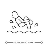 Man jumping in water line icon. Bathing in calm sea on summer vacation. Beach day activity. Swimming pool. Isolated illustration. Outline symbol. Simple linear drawing. Editable stroke vector